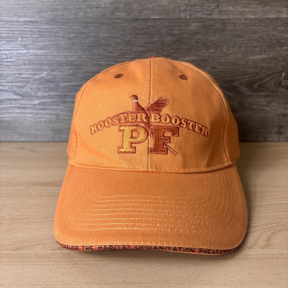 Vintage Pheasants Forever Rooster Booster PF Hat Strap Back Orange Embroidered